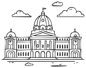 Illustration of a grand building with a domed roof, clouds, and a flagpole for architectural design.