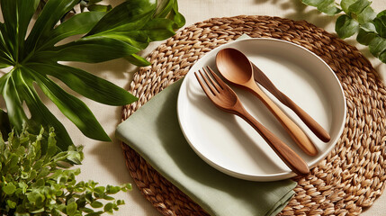 Wooden cutlery and plate on woven placemat with plants