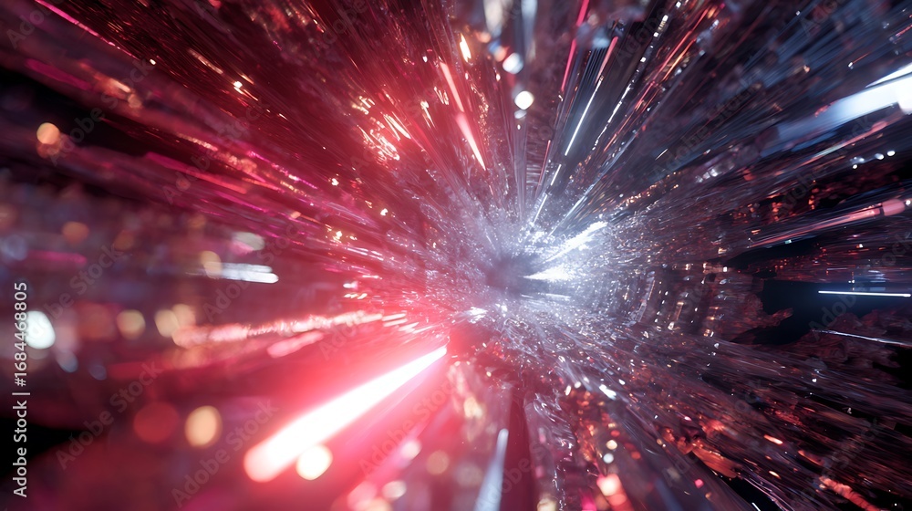 Poster a mesmerizing journey through a cosmic tunnel, where vibrant red and white light streaks create a ca
