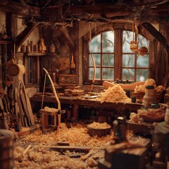 Traditional bowyer workshop with wood shavings