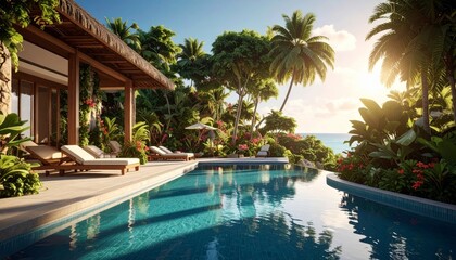 Fototapeta premium A tropical resort swimming pool with a stunning view of the sea and palm trees, perfect for a relaxing summer vacation