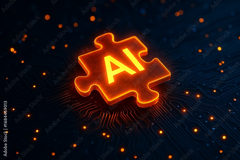 Poster futuristic concept of artificial intelligence as the missing puzzle piece for technological advancem