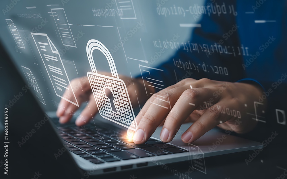 Fototapete a person is using a laptop computer to secure digital information, with a glowing padlock icon symbo