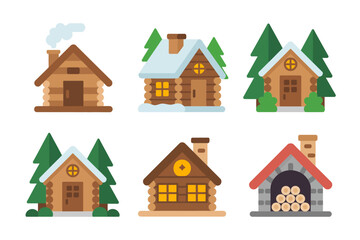 Cozy wooden cabin illustrations, log chalet houses chimneys, pine forest cottages, winter lodge exterior designs, rustic home icons