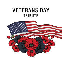 Obraz premium A heartfelt illustration honoring veterans with a flag and poppy arrangement creating a poignant