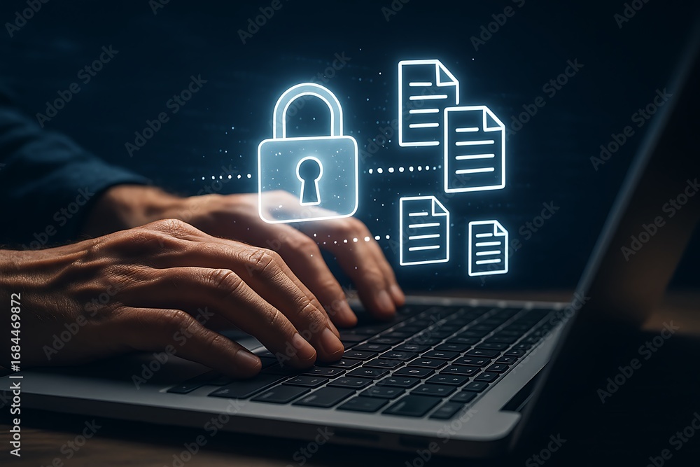 Poster cybersecurity concept with a person typing on a laptop keyboard to protect sensitive data with a pad
