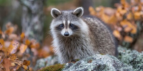Naklejka premium Raccoon in autumn forest with colorful foliage and lichen-covered rock. National Raccoon Day
