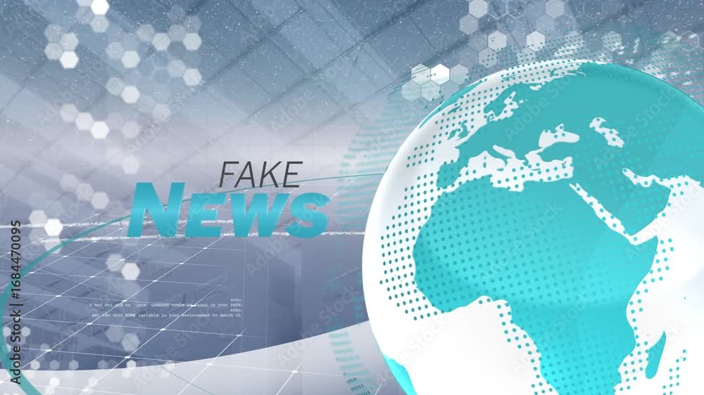 Poster animation of globe rotating, fake news and data processing over grey background