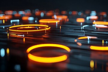 Dynamic futuristic abstract design with glowing orange circles and lines, perfect for tech and data visualization