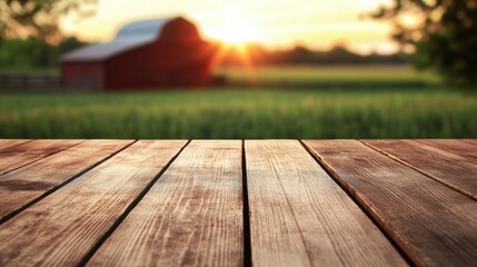 Rustic Wooden Table Empty with Farm and Barn Blur Background close-up top foreground