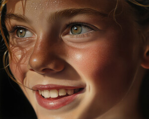 Joyful close up of young person with green eyes and freckles, glowing skin with sweat drops, smiling warmly in golden light, capturing happy summer moment full of natural beauty and freshness