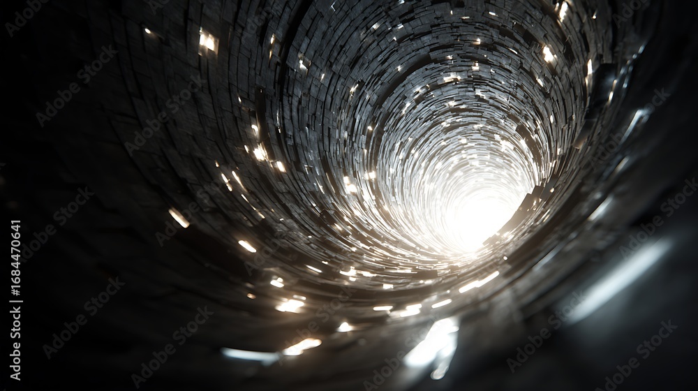 Poster abstract dark tunnel with geometric shapes and bright light at the end, creating a sense of depth an