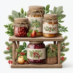 Rustic Wooden Shelf with Jars of Homemade Preserves and Berries