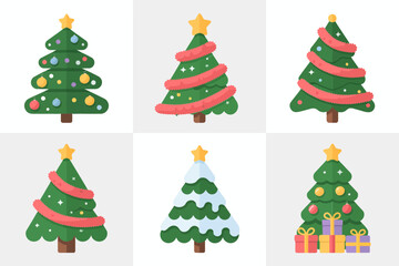 Festive evergreen tree illustration pack, stylized holiday pine designs, garlands and ribbon wraps, seasonal decoration elements