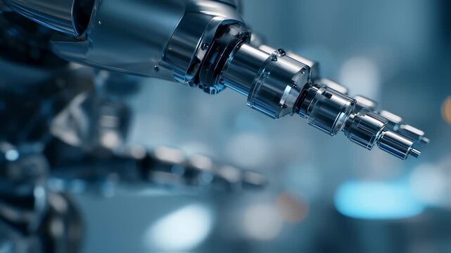 Focused medium shot on the articulated segments of a robotic cochlear implant inserter showcasing smooth movements with blurred operating room surroundings.