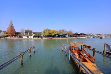Fototapeta premium Zhujiajiao Ancient Town, an Ancient water town and tourist site with waterways, old buildings in Qingpu, Shanghai China 