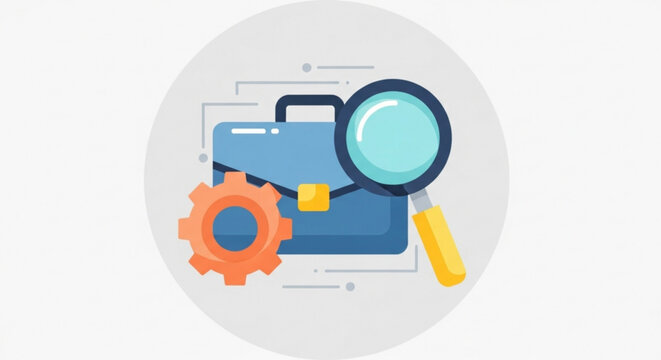 Job search analysis concept with magnifying glass briefcase and gear for career opportunities and recruitment