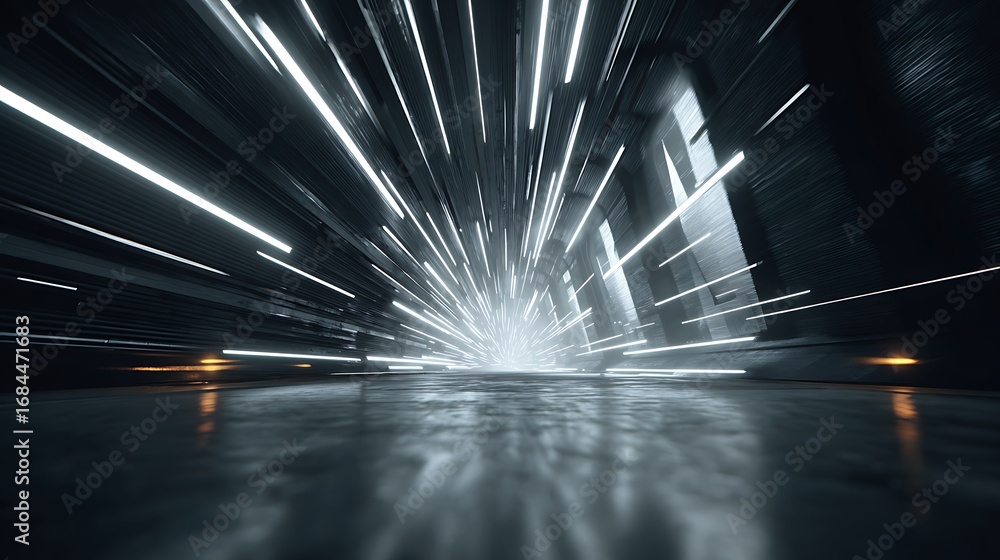 Poster futuristic tunnel with neon lights, creating a sense of speed and technology, ideal for science fict