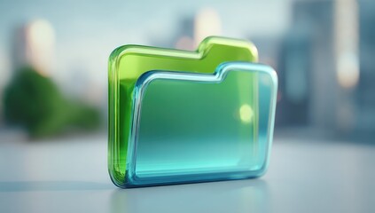 Two translucent folders, green and blue, rest on a surface