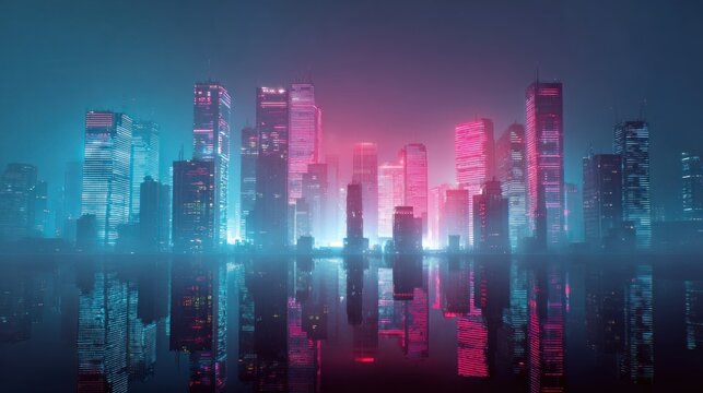 Abstract urban cityscape with glowing blue lines and silhouetted skyscrapers against a night sky, perfect for a business or architectural design background