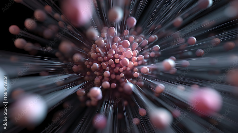 Poster abstract explosion of pink spheres with light streaks emanating from the center, creating a dynamic 