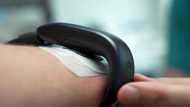 Person using a modern wearable medical sensor on their arm.