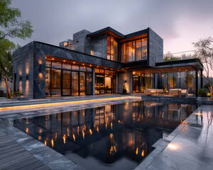 Obraz premium Modern luxury house with large glass windows and outdoor pool reflecting warm lights at dusk, surrounded by trees and elegant outdoor seating area creating serene atmosphere
