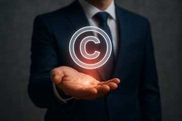 A corporate professional in a formal suit carefully presenting a radiant digital icon, symbolizing the essential concept of intellectual property, creative ownership, and legal author rights
