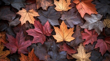Close-up view of colorful fallen maple leaves