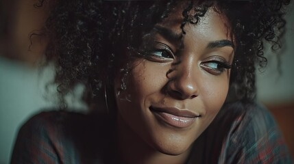 African American female counselor demonstrating empathy concept. A portrait of a smiling woman with curly hair and a thoughtful expression.