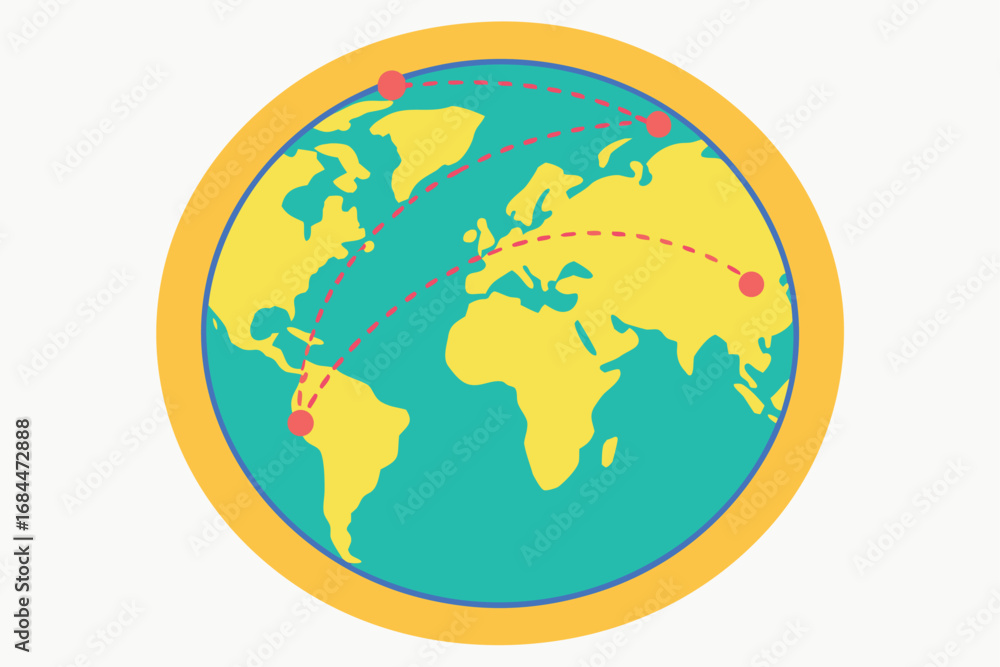 Poster circular world map with dashed red travel routes and red destination markers globe