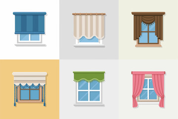 Window blind and valance icons, cafe curtains, scalloped pelmet, box pleat drapery, soft folds, pastel colorway, cozy room decor illustrations