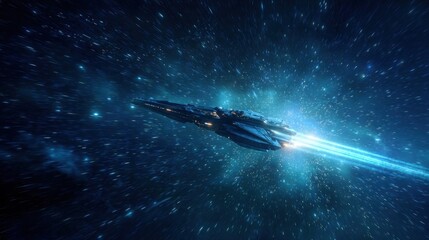 Fototapeta premium A sleek spaceship soars through the dark cosmos, its lights blazing against a blue nebula and distant stars