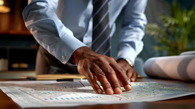 Strategic planning business strategy office professional hand map blueprint analysis focus leadership guide calm decisive executive hand office desk