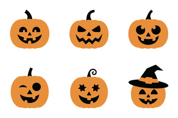 Halloween pumpkin face set, carved jack o lantern expressions, creepy grins, smiling spooky motifs, witch hat accessory, autumn festival graphics