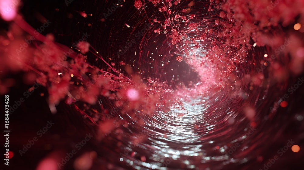 Poster abstract red light tunnel with swirling particles and a sense of depth, creating a mesmerizing and e