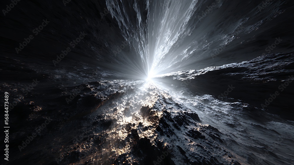 Poster abstract landscape with light rays shining through clouds, creating a dramatic and ethereal atmosphe