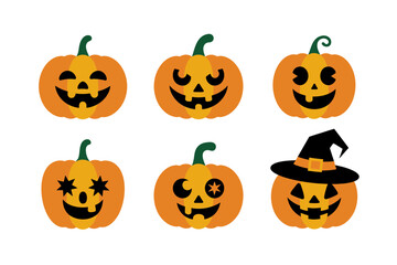 Funny pumpkin faces set, variety of carved expressions, happy surprised angry goofy looks, witch hat star props, Halloween party graphics