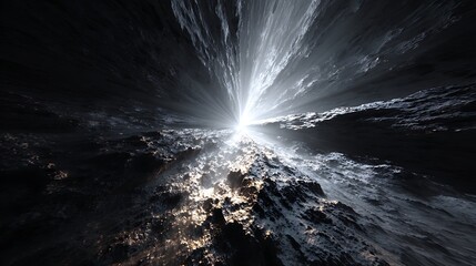 Abstract landscape with light rays shining through clouds, creating a dramatic and ethereal atmosphere, ideal for fantasy or nature themed projects