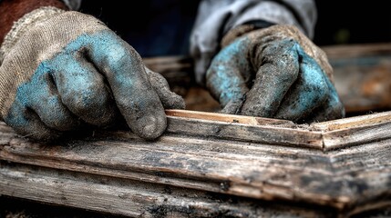 Close-up of hands in work gloves repairing weathered wood.