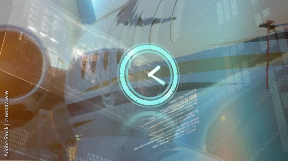 Aufkleber animation of data processing and clock over plane