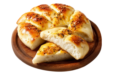 Manakish freshly baked round Turkish flatbread with za'atar, cheese or minced meat on wooden plate isolated on white transparent background, concept of traditional cuisine