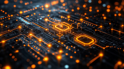 Glowing Circuit Board Abstract: Orange and Blue Lines on Dark Background
