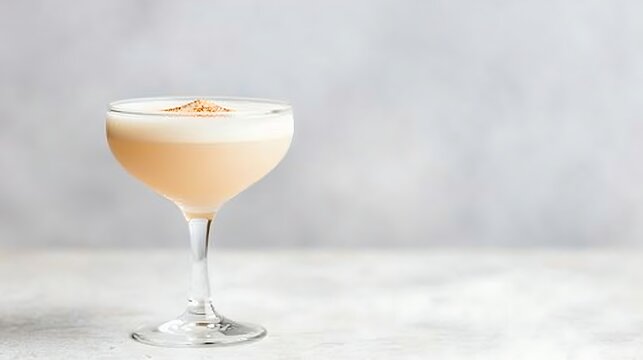 Frothy peach cocktail in a goblet on a marble surface