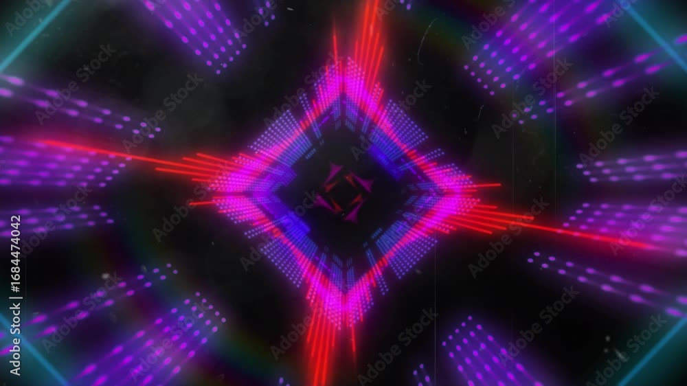 Poster animation of red and violet and squares moving on black background