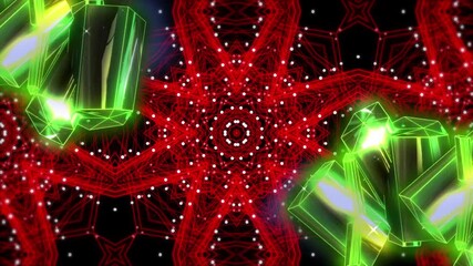 Animation of neon diamonds and kaleidoscopic shapes changing over black background - Powered by Adobe