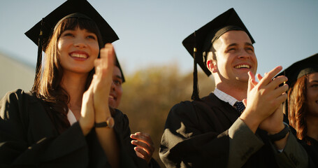 Happy, applause and students with celebration, graduation and university award with success....