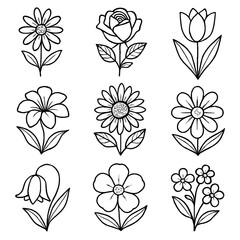 A black and white flower set illustration of a coloring page