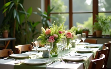 Set tables for fancy dinner in a green house. High quality