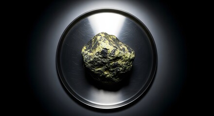 Uranium Ore Specimen Dramatic Studio Lighting on Brushed Metal. © Clara Elizabeth